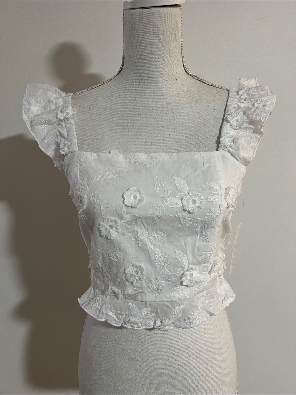 White Floral Embroidered Square Neck Tie Back Crop Top